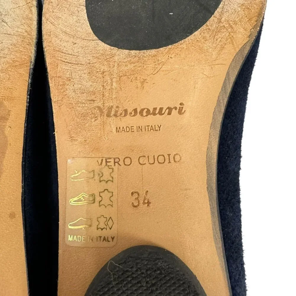 Missouri Italian Shoes Suede Leather Flats Fur Heart Embellished Navy EU34 US3.5